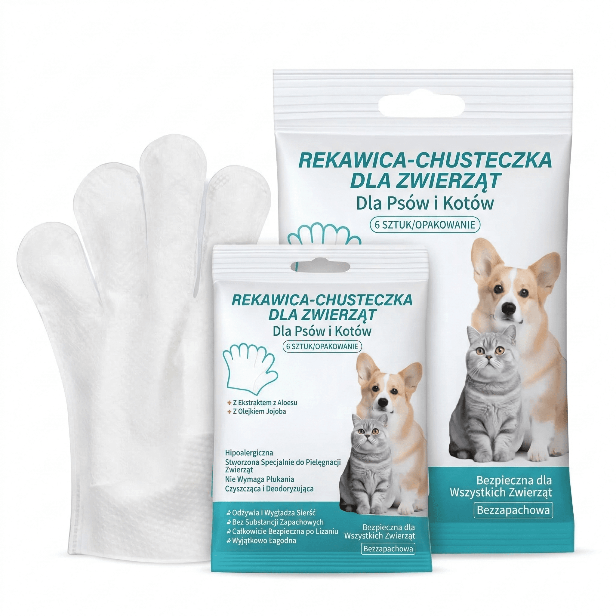 Mokre rękawiczki do szybkiego czyszczenia łap i sierści psa lub kota.